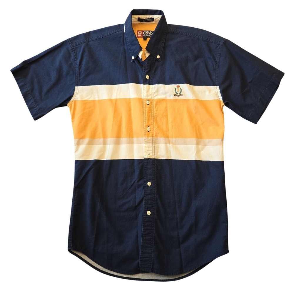 Vintage 90s Chaps Ralph Lauren Colorblock Crest Shirt Navy Yellow White Small